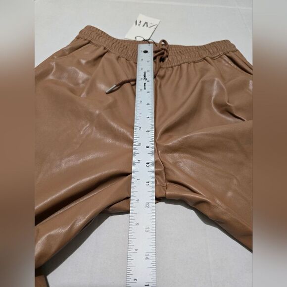 NWT Zara Drawstring Faux Leather Joggers In Tan Size Xs - Picture 5 of 12